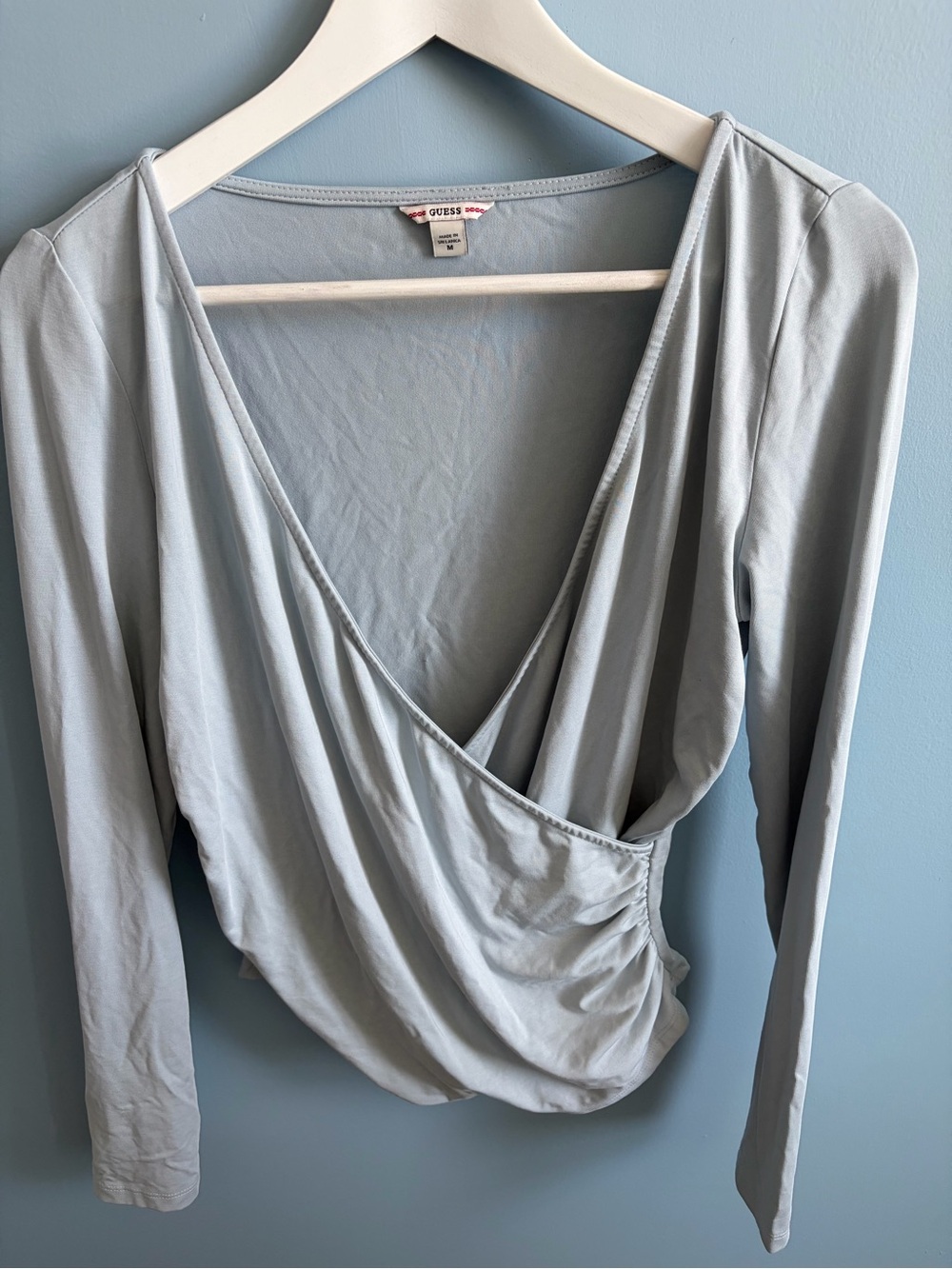 GUESS Pale Blue Surplice Long Sleeve Wrap Top